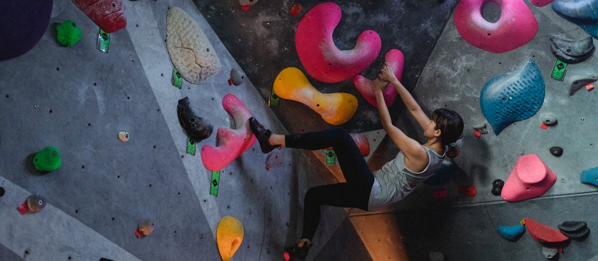 Side view of young determined ethnic female athlete in sportswear practicing indoor climbing on difficult steep wall with colorful grips in bouldering club